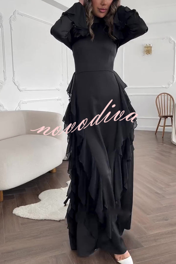 Cline Solid Color High Neck Long Sleeve Elegant Ruffles Maxi Dress