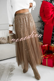 Party Daydream Sequin Tulle High Rise Elastic Waist Maxi Skirt