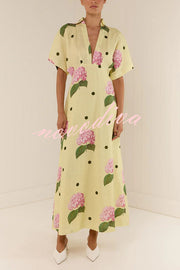 Jasmine Linen Blend Floral Polka Dot Wide Sleeve Shirt Maxi Dress