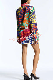 Elouise Satin Color Block Art Print Long Sleeve Button Back Elastic Waist H-line Mini Dress