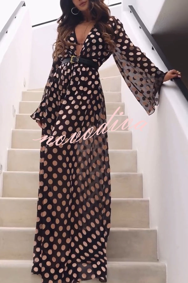 Elevate Beach Style Polka Dot Print Drawstring Waist Cover-up Maxi Dress