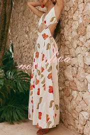 Eliska Linen Blend Poppy Print Cutout Contrast Trim A-line Maxi Dress