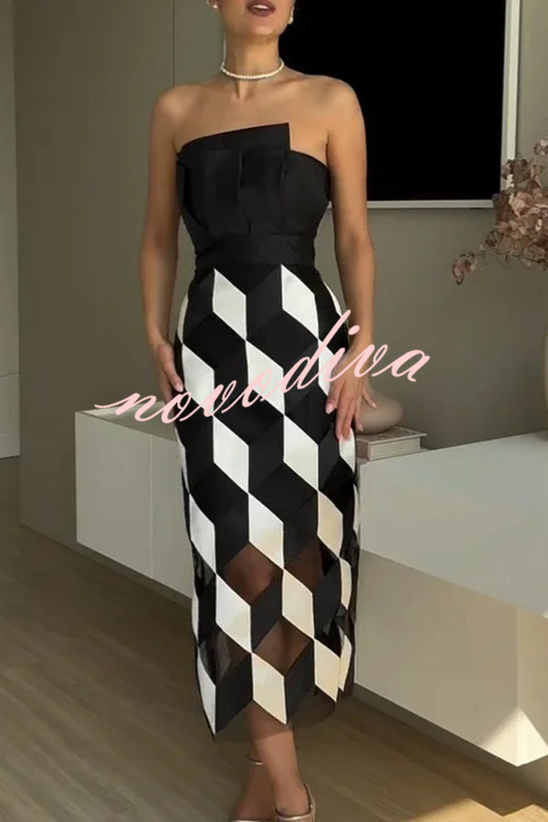 Sexy Tube Top and Backless Rhombus Contrast Midi Dress