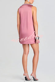 Elegant Demeanor Satin Gemstone Trim Deep V-Neck Tank H-line Mini Dress