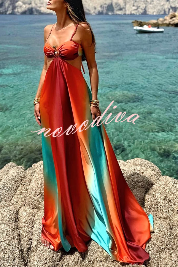 Neon Sunset Printed Metal Decoration Cutout Back Tie-up Vacation Maxi Dress