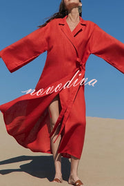 Linen Blend Solid Color Casual Lapel Tie Loose Maxi Dress