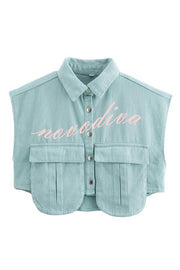 Stylish Weekend Denim Button Up Cape Sleeve Pocket Crop Top