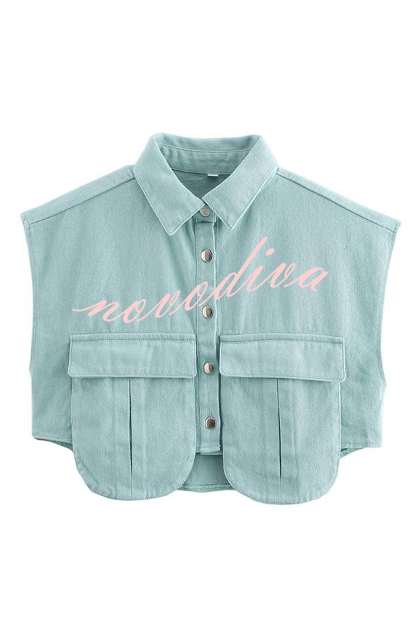 Stylish Weekend Denim Button Up Cape Sleeve Pocket Crop Top
