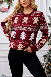 Christmas Gingerbread Man Casual Crew Neck Long Sleeve Sweater