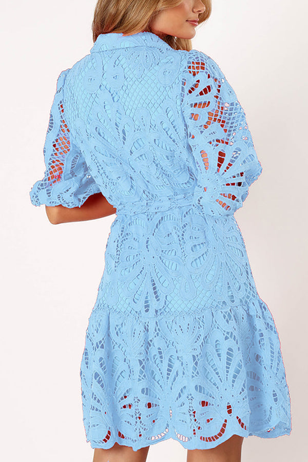 Solid Color Lace Cutout Balloon Sleeves and Waist Tie Mini Dress