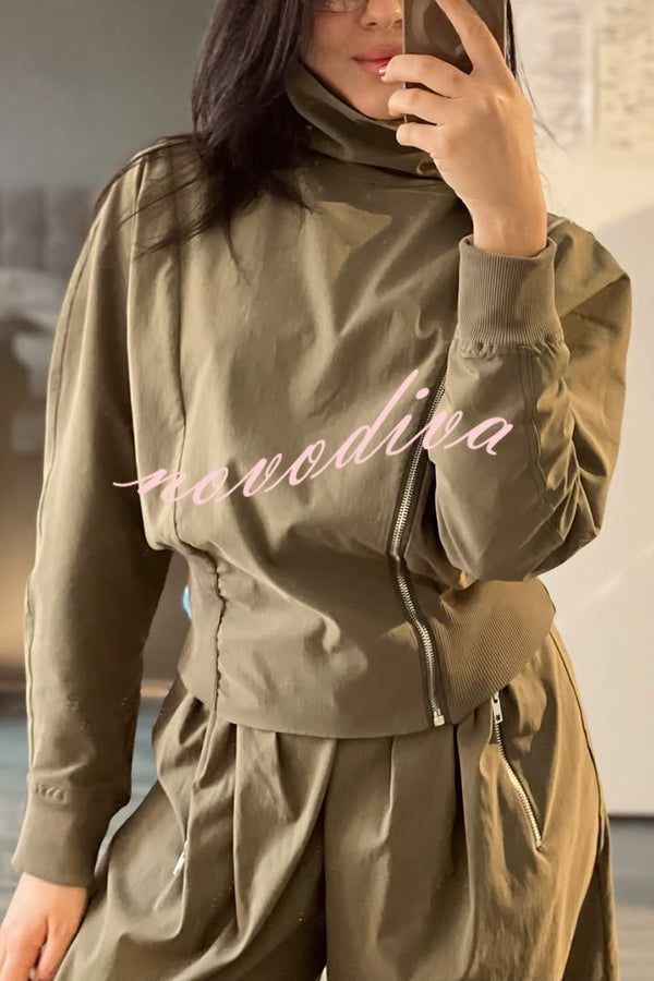 Fashionable High-neck Long-sleeved Zippered Simple Jacket