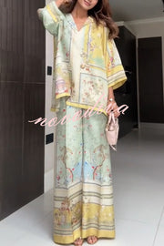 Elonie Satin Floral Print V-neck Half Sleeve Top and Elastic Waist Wide Leg Pants Set