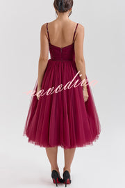 Royal Treatment Tulle Bows Detail Ruched Slip Midi Dress