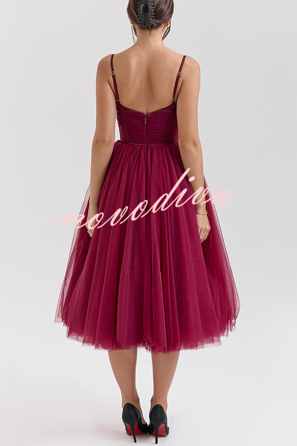 Royal Treatment Tulle Bows Detail Ruched Slip Midi Dress