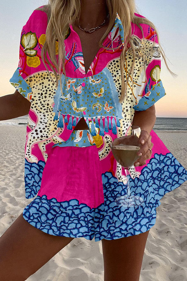 Leopard Butterfly Print Loose Button Elastic Waist Shorts Set