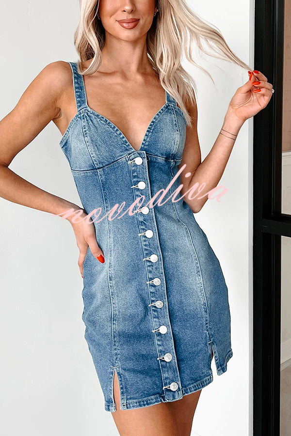 Sexy V-neck Open Back Button Slim Fit Denim Mini Dress