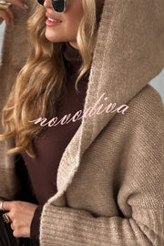Fashionable Knit Patchwork Color Long-sleeved Hooded Loose Mid-length Cardigan