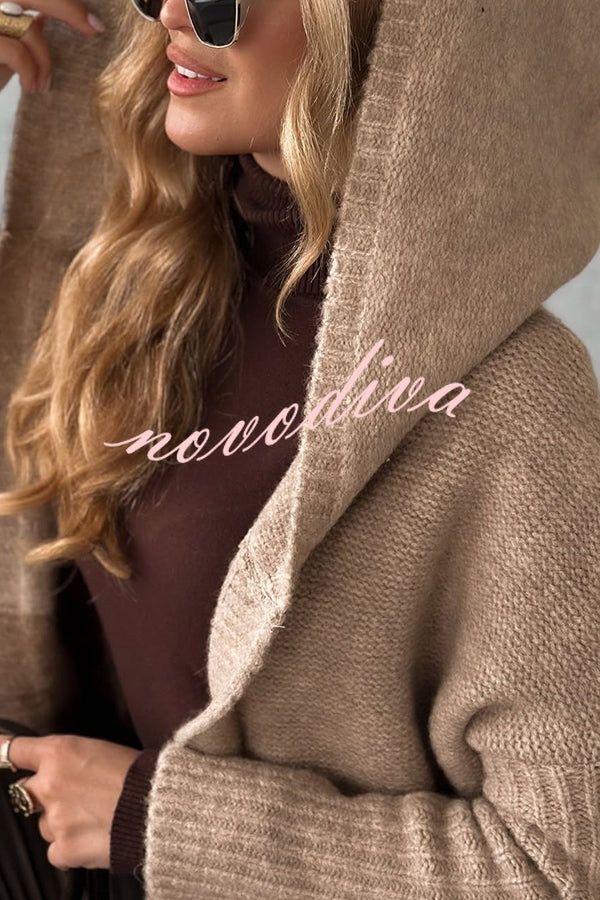 Fashionable Knit Patchwork Color Long-sleeved Hooded Loose Mid-length Cardigan
