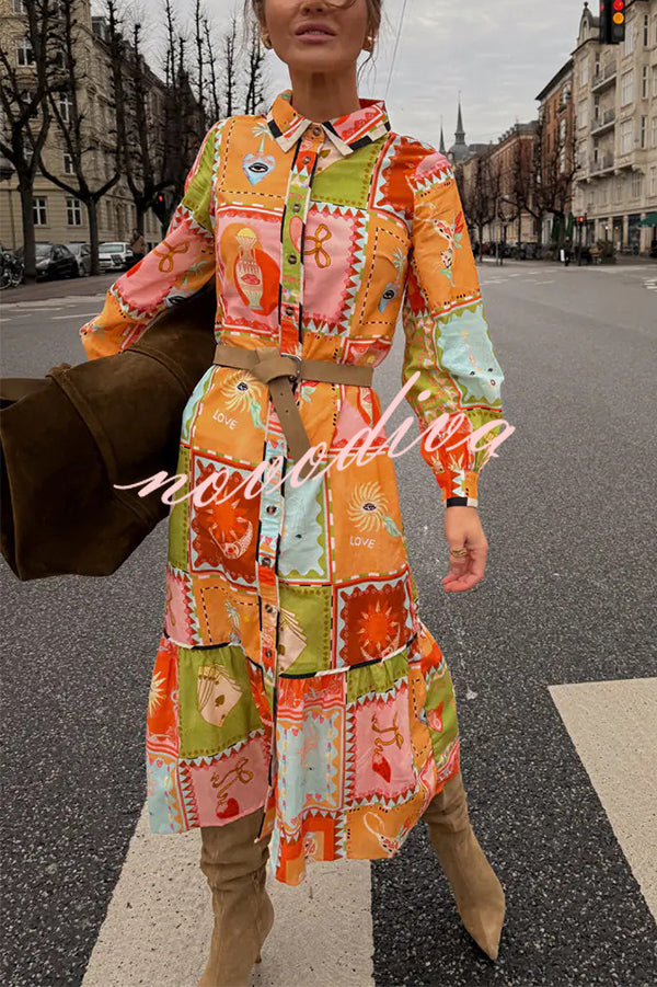 Linen Blend Unique Printed Long Sleeve Lapel Tie-waist Midi Dress