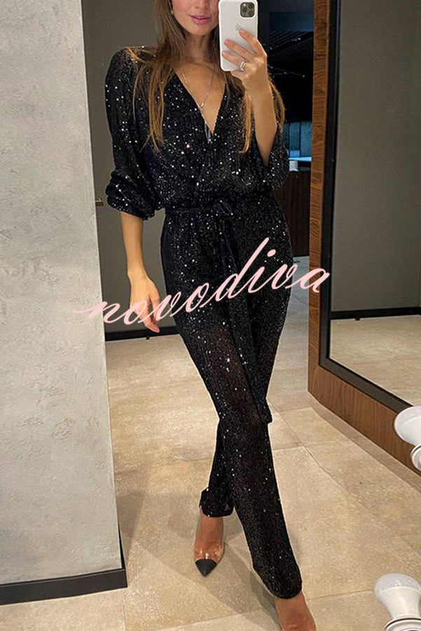 Cheers To You Sequin Long Sleeve Belted Wrap Loose Jumpsuit