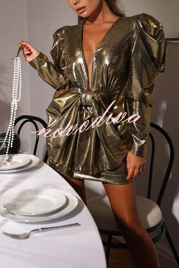 Festive Party Metallic Fabric Puff Sleeve Oversized Bow Detail Mini Dress