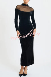 Fashionable Velvet and Mesh Spliced long-sleeved Slim-fit Maxi Dress