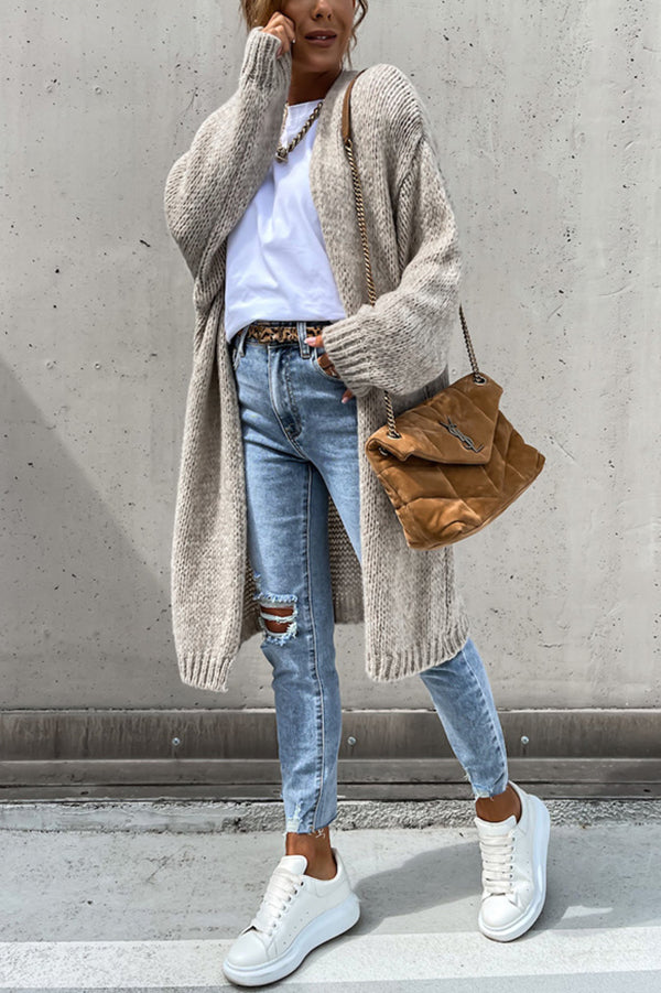 Solid Color V-neck Knitted Long-sleeved Oversized Midi Cardigan