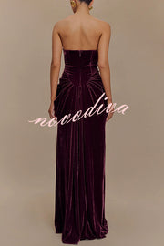 Paige Velvet Off Shoulder Side Pleated Hip Drape Maxi Dress