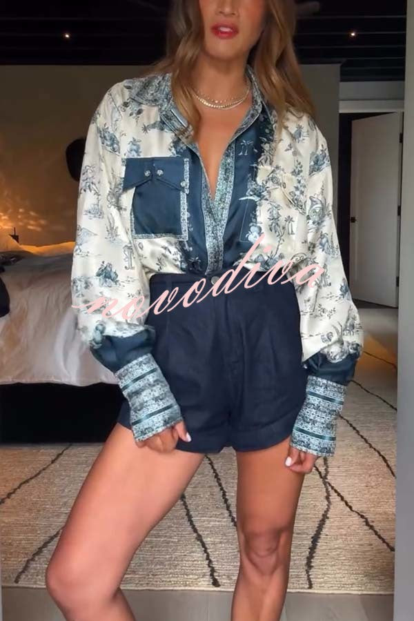 Bohemian Elegant Satin Contrast Color Unique Print Button Up Pocket Loose Blouse