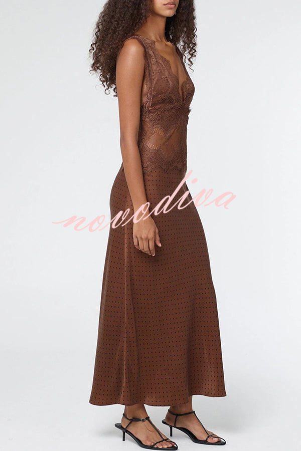 Wonderful Fusion Satin Lace Trim Poka Dot V-neck Drape Maxi Dress