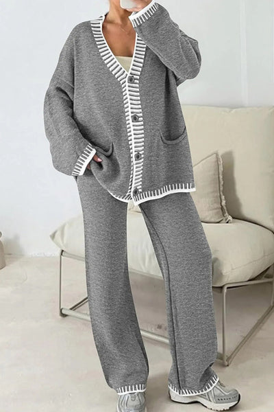 Fashion Casual Knitted Long Sleeve Pocket Cardigan and Elastic Waist Loose Wide Leg Pants Set