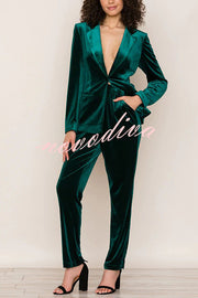 Solid Color Velvet Long-sleeve Blazer and Elastic Waist Pocket Pants Set