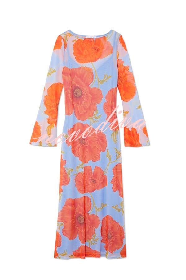 Perfect Cross-season Mesh Poppy Flower Print Long Sleeve Stretch Maxi Dress