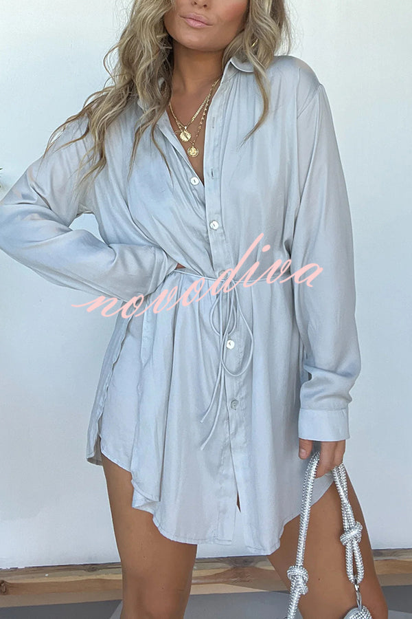 Solid Color Long Sleeve Button Casual Shirt-Style Rompers