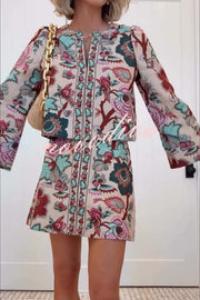 Autumn Garden Printed V-neck Long Bell Sleeve Top and Mid Rise Skirt Set