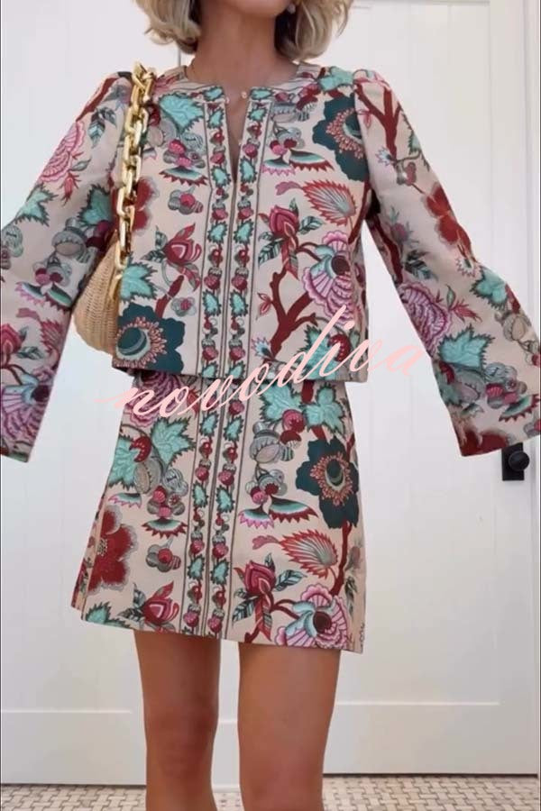 Autumn Garden Printed V-neck Long Bell Sleeve Top and Mid Rise Skirt Set