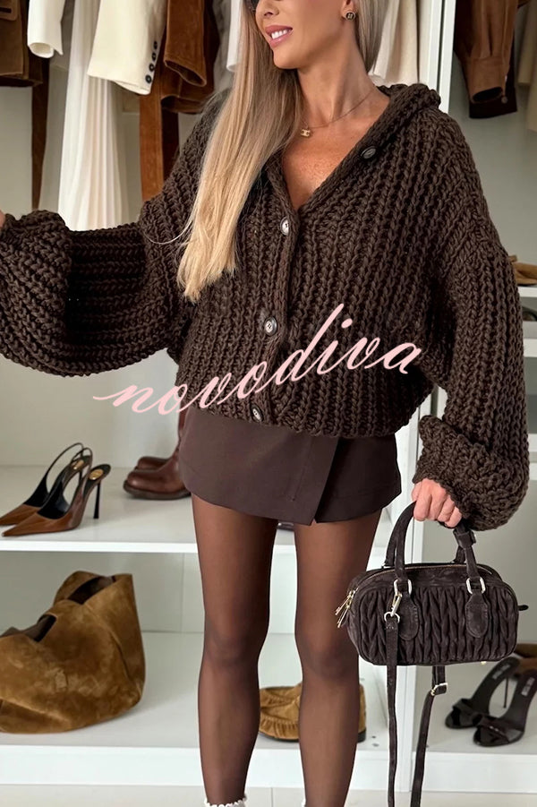 Warm Day Knit Button Up Long Balloon Sleeve Hooded Loose Cardigan