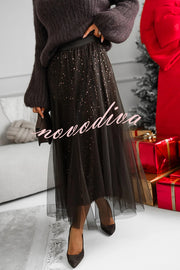 Party Daydream Sequin Tulle High Rise Elastic Waist Maxi Skirt