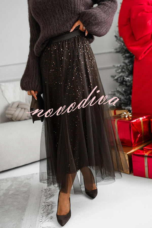Party Daydream Sequin Tulle High Rise Elastic Waist Maxi Skirt