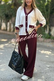 Stylish Color-blocked V-neck Knitted Button-down Cardigan and Elastic Waist Casual Wide-leg Pants Set