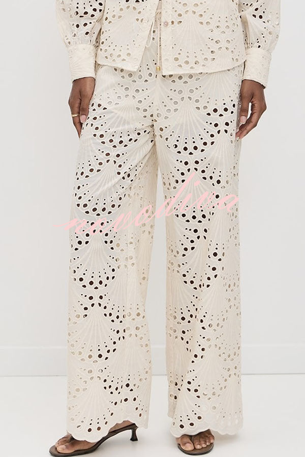 Lillah Embroidered Lace Shell Pattern Elastic Waist Wide Leg Pants