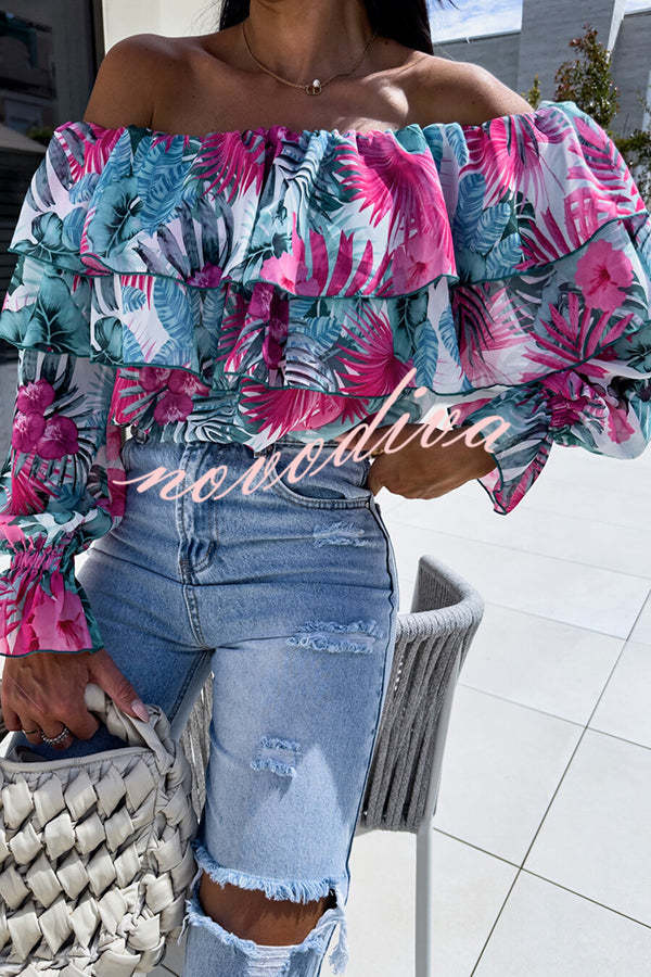 Colorful Botanical Print Sexy Off-shoulder Ruffle Top