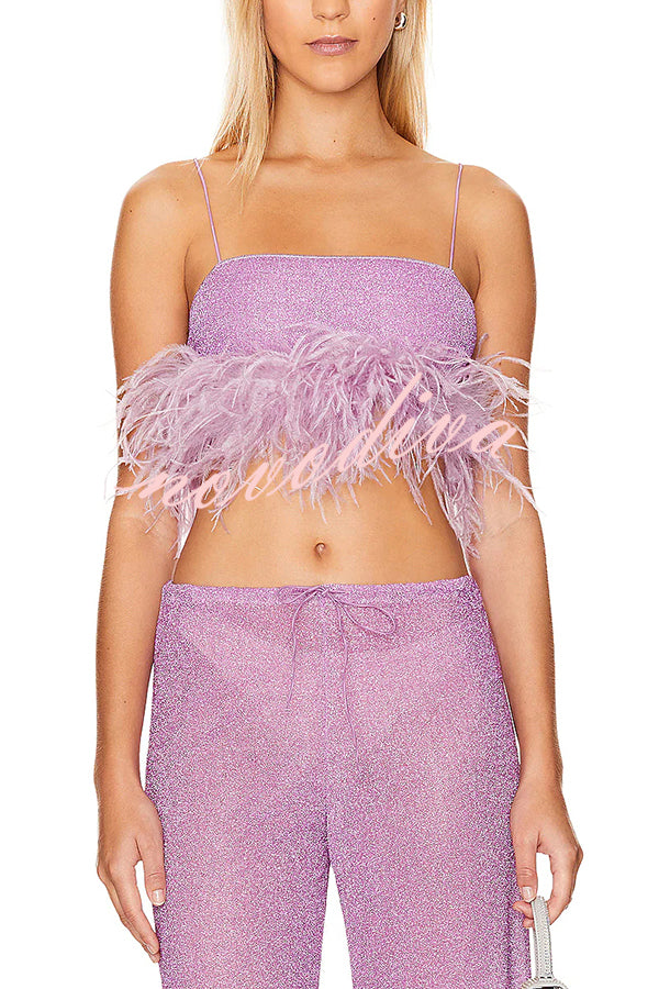 Music Carnival Glitter Stretch Fabric Feather Trim Tank and Elastic Waisted Flared Pants Set