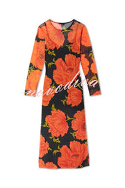 Perfect Cross-season Mesh Poppy Flower Print Long Sleeve Stretch Maxi Dress