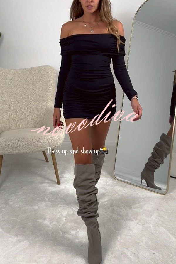 Friday Party Off Shoulder Long Sleeve Ruched Stretch Party Mini Dress