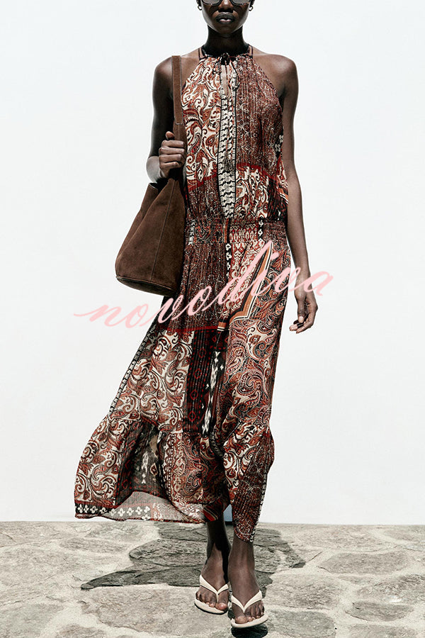 Ethnic Boho Colorblock Print Elastic Waist Resort Style Maxi Dress