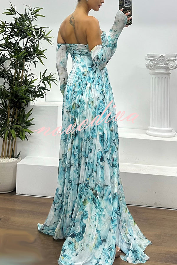 Reina Chiffon Floral Print Pleated Bodice Split Sleeve Strapless Slit Maxi Dress