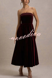 Center of Attention Velvet Satin Neck Bandeau Pleated Midi Dress