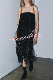Chic Celebration Layered Sequined Tassels Slip Strapless H-line Midi Dress