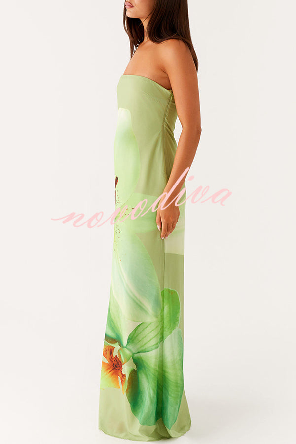 Smooth and Elegant Satin Unique Floral Print Off Shoulder Maxi Dress